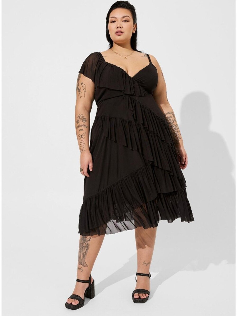 Torrid 4x Black Midi Mesh Ruffle Surplice Dress Cocktail Party Special Occasion